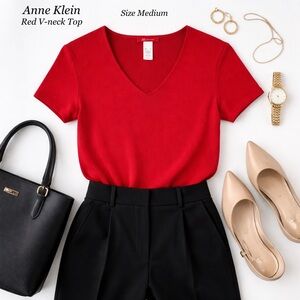 Anne Klein Red V-Neck Classic Top Work Office Career Chic Women’s Size Medium